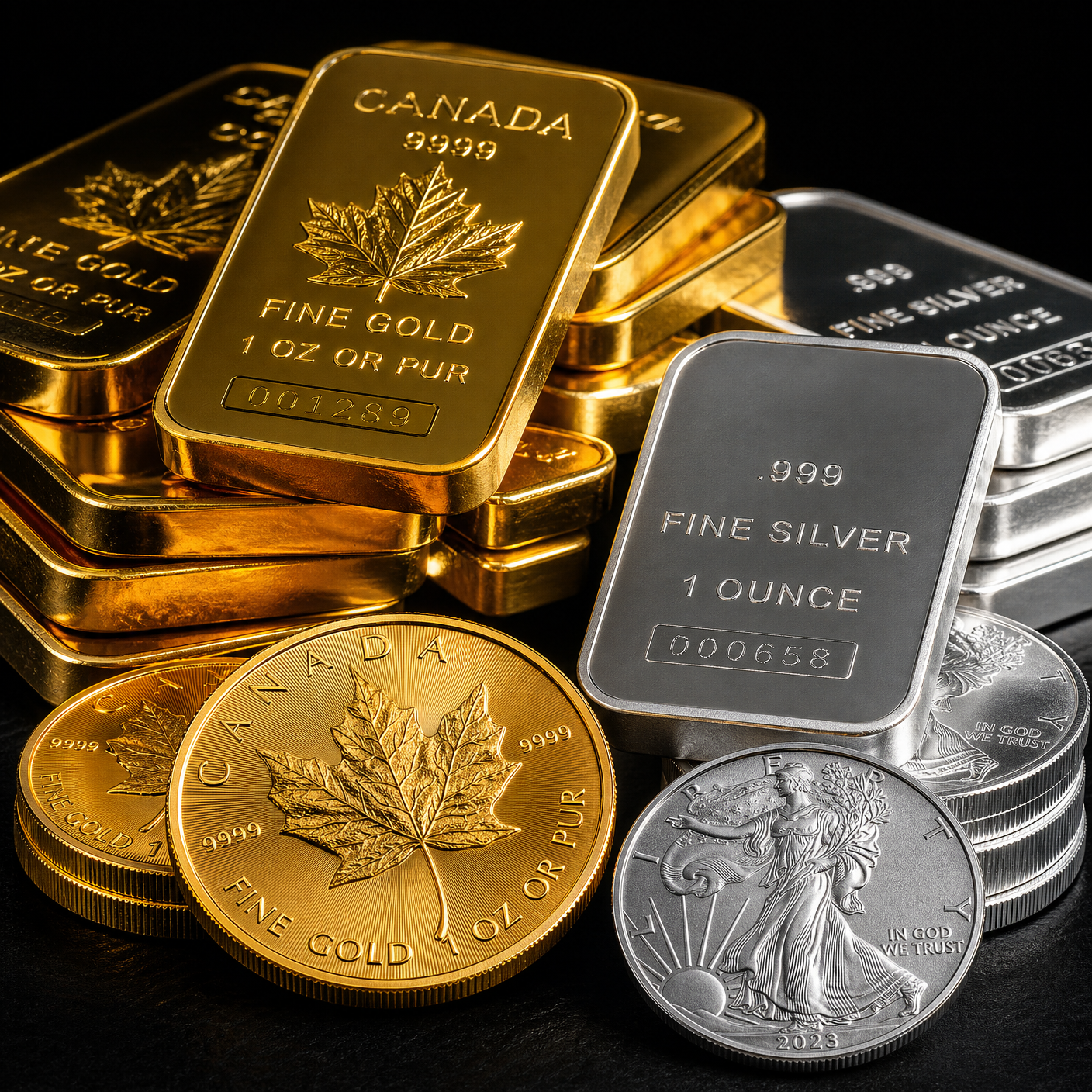 Gold and silver bullion bars with Maple Leaf and Eagle coins