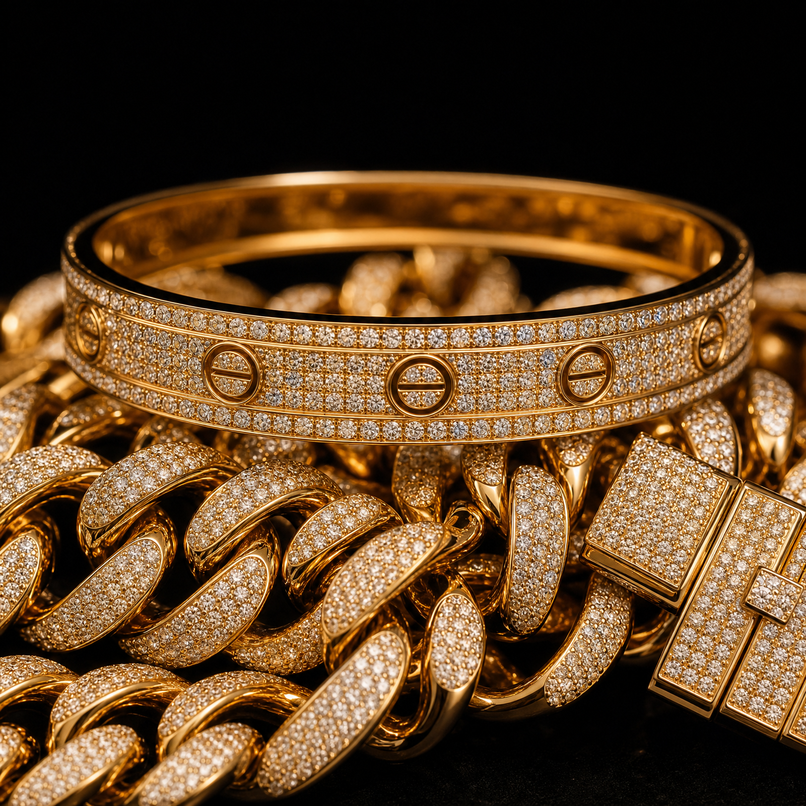 Diamond-set gold bangle with heavy gold chains