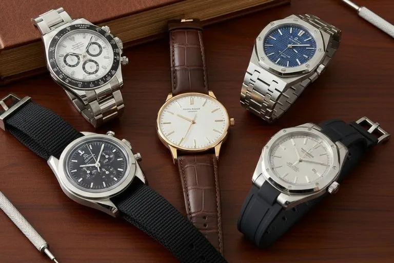A table featuring five distinct luxury watches, a pen, and a book titled "A Guide to the Best Men’s Luxury Watches.