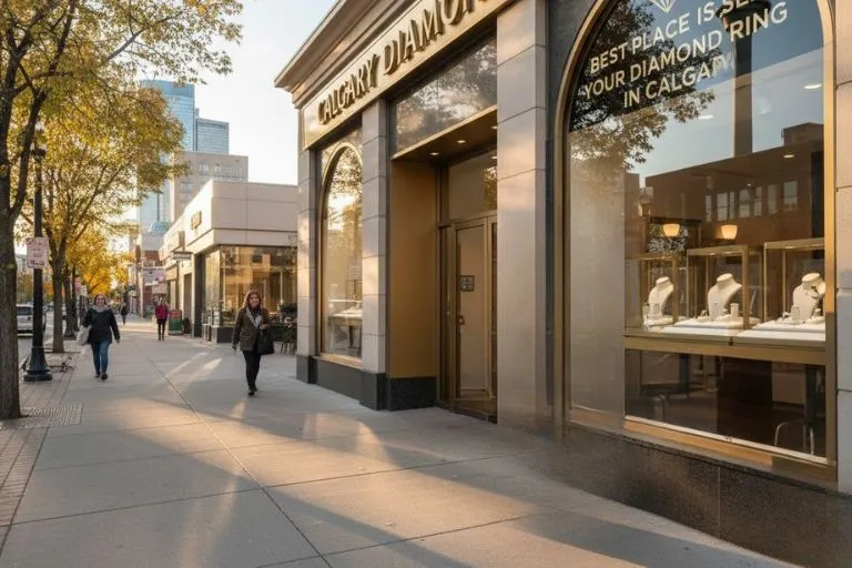 A storefront with people walking by, advertising the best place to sell a diamond ring in Calgary.
